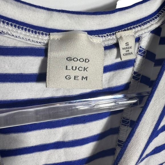 Good Luck Gem Open Back Tie Blue White Stripe Sleeveless Tank, Small - Picture 6 of 8